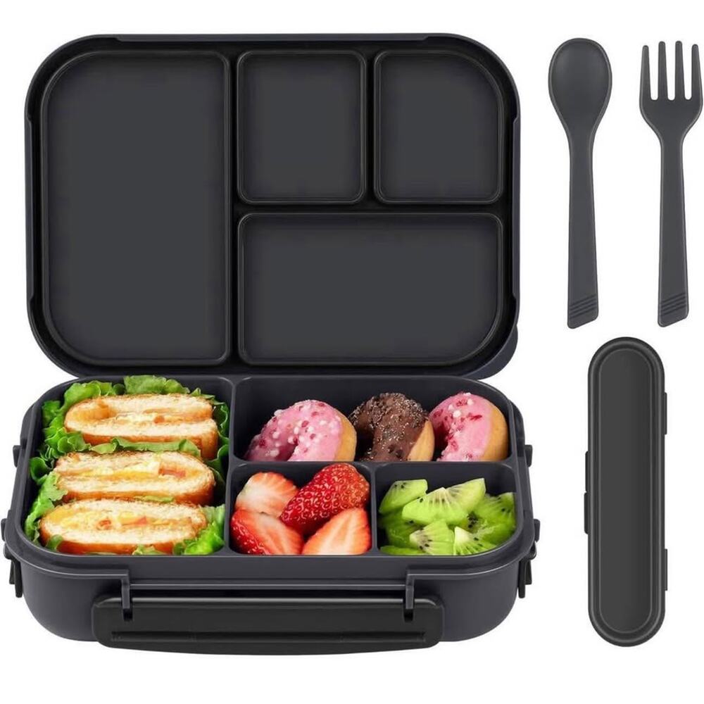 NIB: Bento Box: Leakproof Lunch Containers w utensils (dark gray)